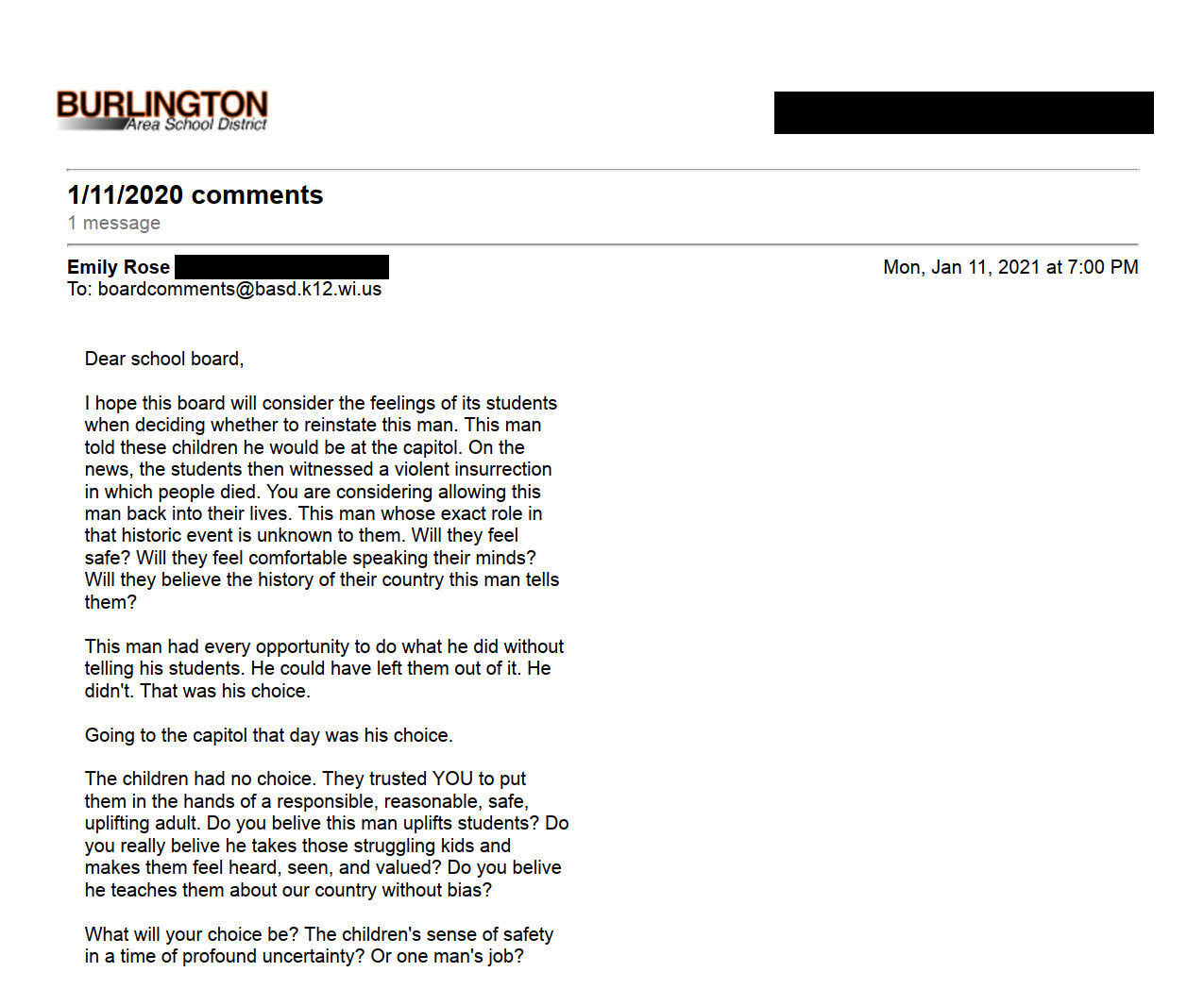 Community comment regarding Jeff Taff investigation/suspension